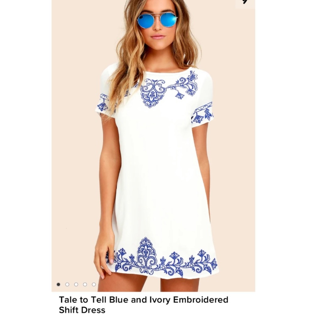 Blue and white Lulu's embroidered shift dress